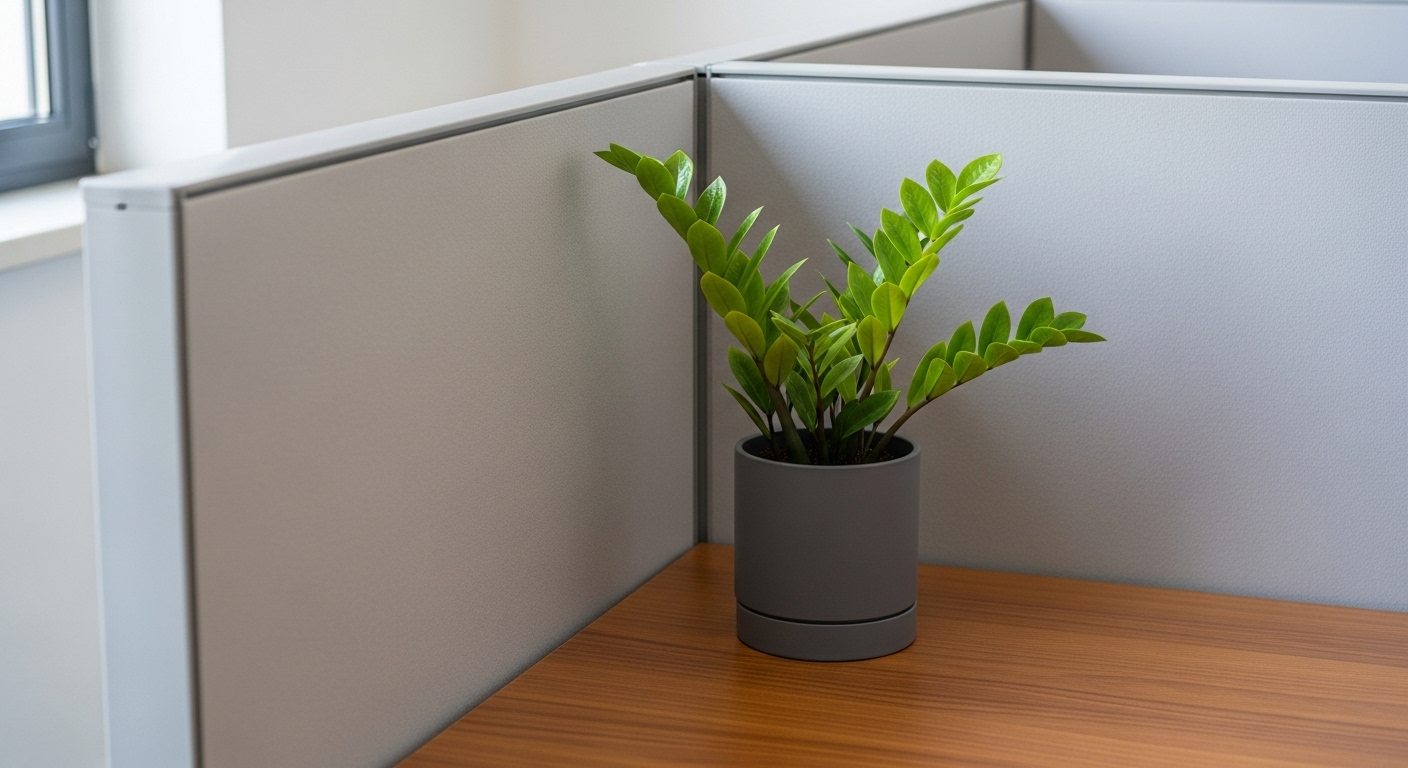 Cây Kim Tiền xanh tươi trên bàn làm việc gỗ, giúp làm dịu góc bàn văn phòng sắc nét. Một ví dụ điển hình khi chọn chỗ ngồi làm việc theo phong thủy để tạo không gian hài hòa.