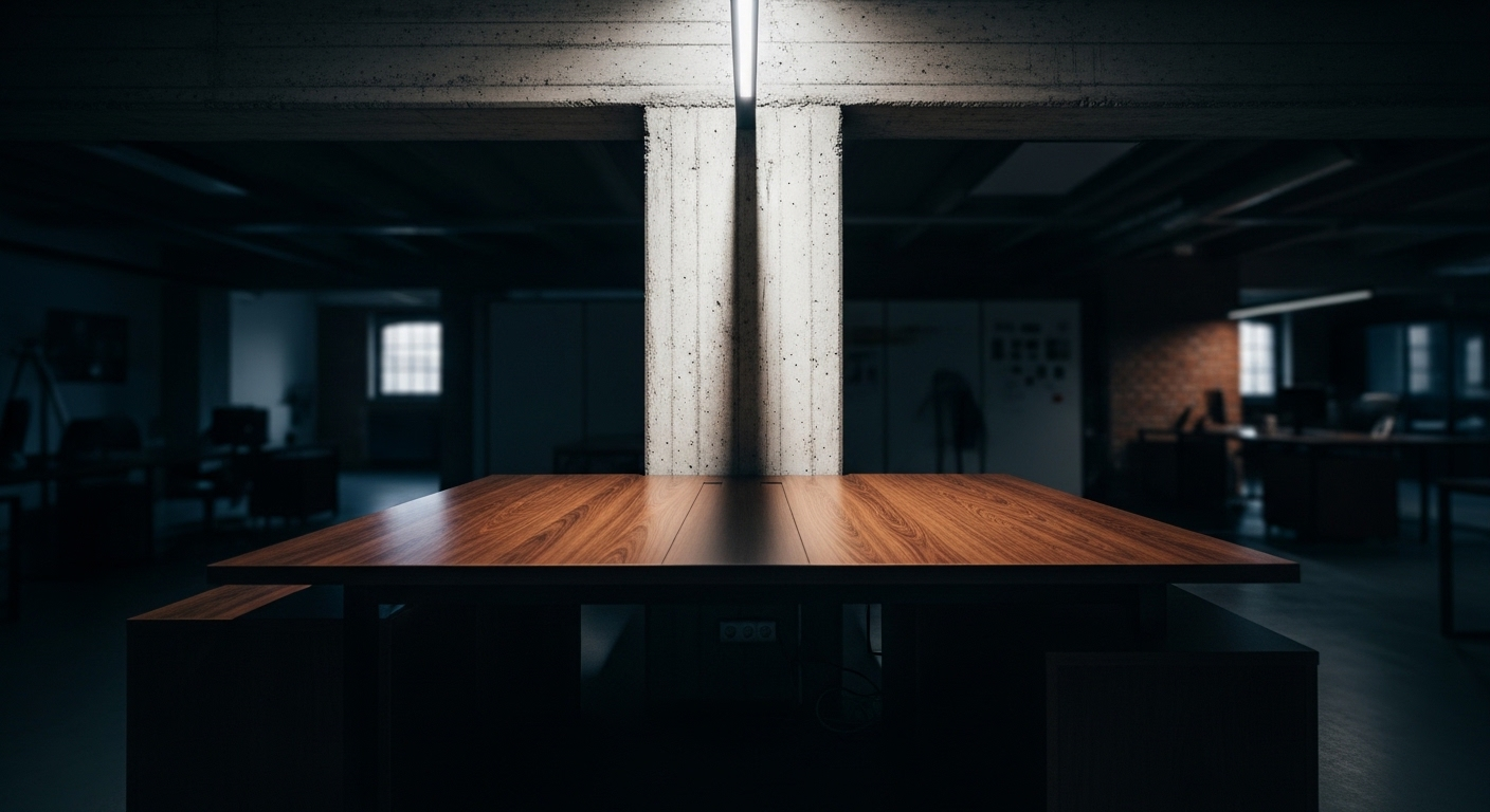 Bàn làm việc gỗ tối màu trống rỗng đặt ngay dưới dầm bê tông thô. Minh họa kiêng kỵ khi bố trí bàn làm việc theo phong thủy.