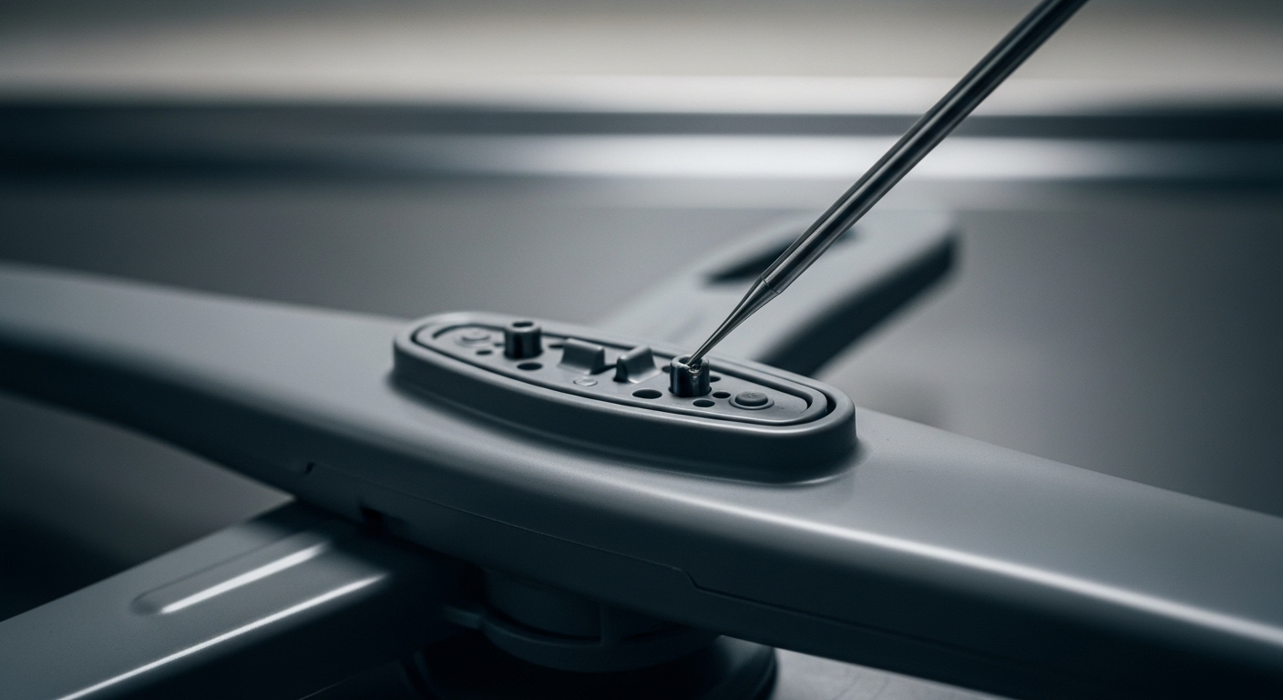 Cận cảnh tay phun máy rửa chén nhựa xám đang được dùng dụng cụ nhỏ để khai thông lỗ phun bị tắc, một phần quan trọng của vệ sinh máy rửa chén.