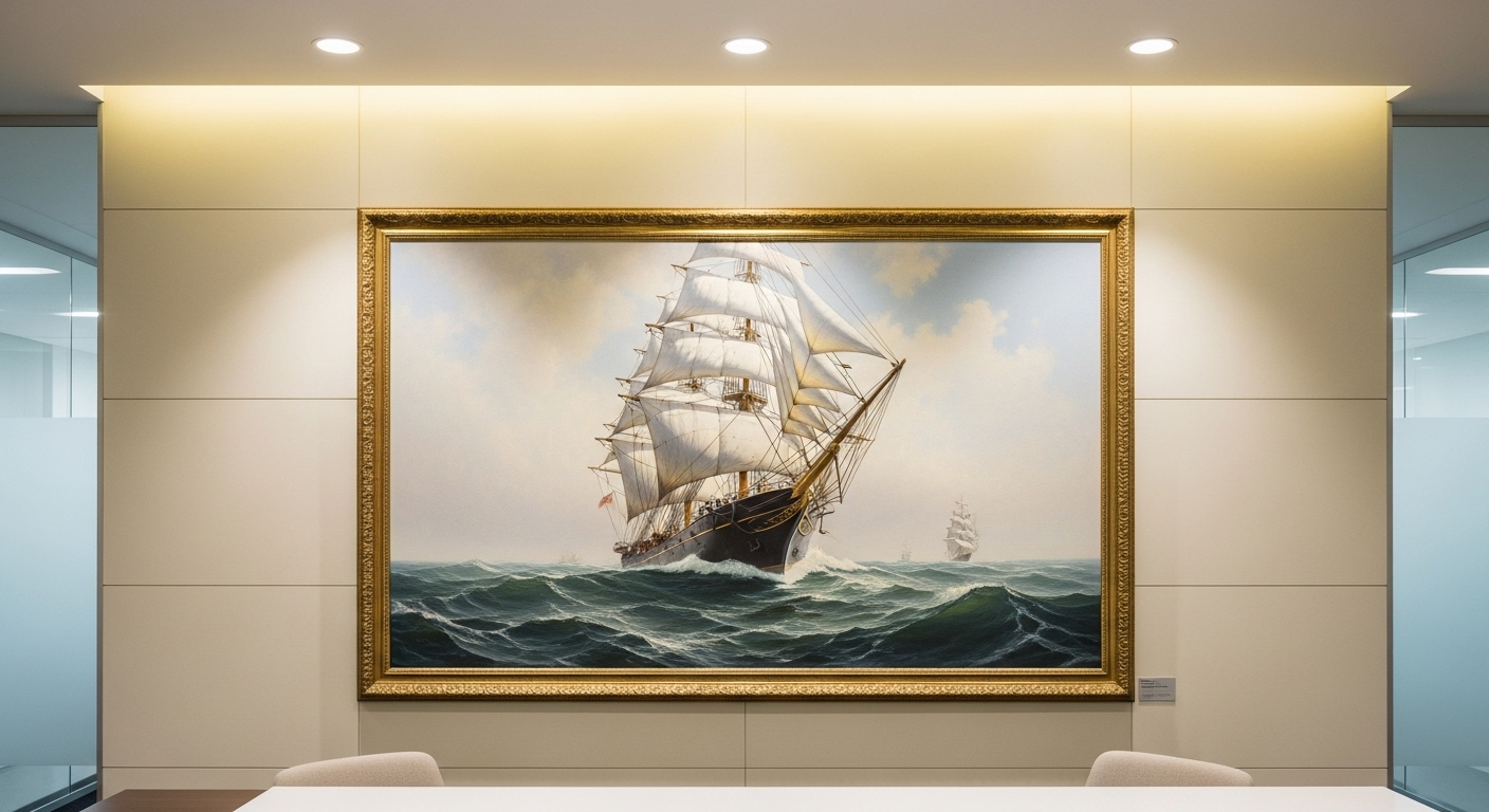 Bức tranh thuyền buồm hùng vĩ tại sảnh tiếp tân văn phòng, mũi thuyền hướng vào trong, biểu tượng phong thủy văn phòng.