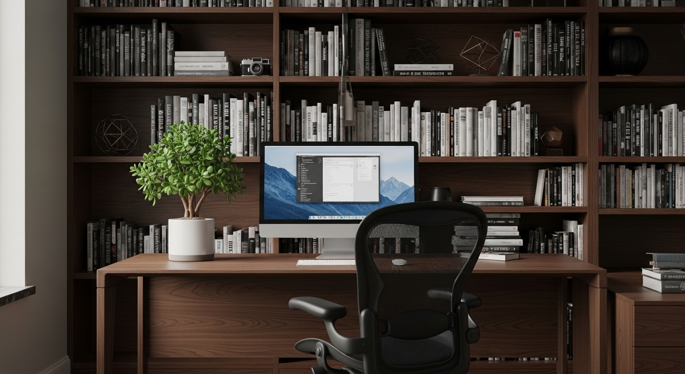 Bàn làm việc hiện đại được bài trí tinh tế với màn hình máy tính, cây ngọc bích sống động, kê sát tường cạnh kệ sách ngăn nắp, thể hiện cách bài trí bàn làm việc theo phong thủy hiệu quả.