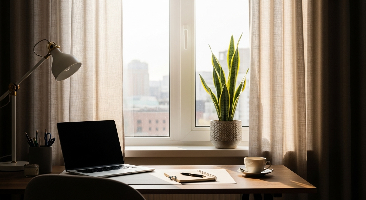 Bàn làm việc tại nhà gọn gàng bên cửa sổ, với cây lưỡi hổ xanh tươi trên bệ. Thiết kế này chú trọng phong thủy phòng làm việc hài hòa, đón ánh sáng tự nhiên.