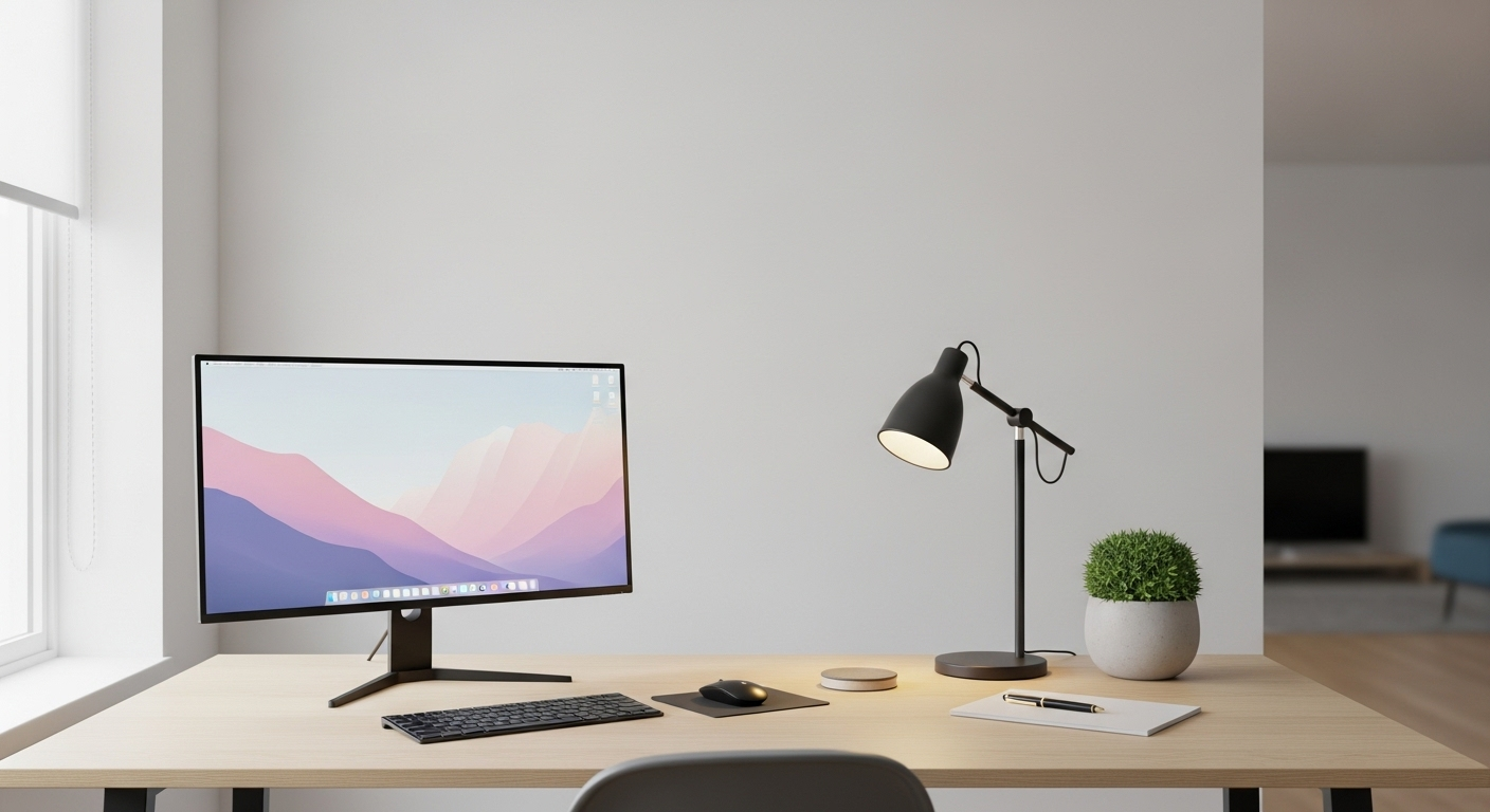 Bàn làm việc hiện đại, tối giản với máy tính, đèn ấm áp và cây xanh, thể hiện bố cục lý tưởng cho phong thủy bàn làm việc theo từng tuổi.