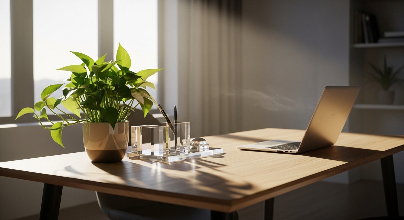 Bàn làm việc gỗ sáng hiện đại với cây Trầu Bà xanh tốt, ánh sáng tự nhiên và không gian thoáng đãng, tạo nên phong thủy bàn làm việc lý tưởng.