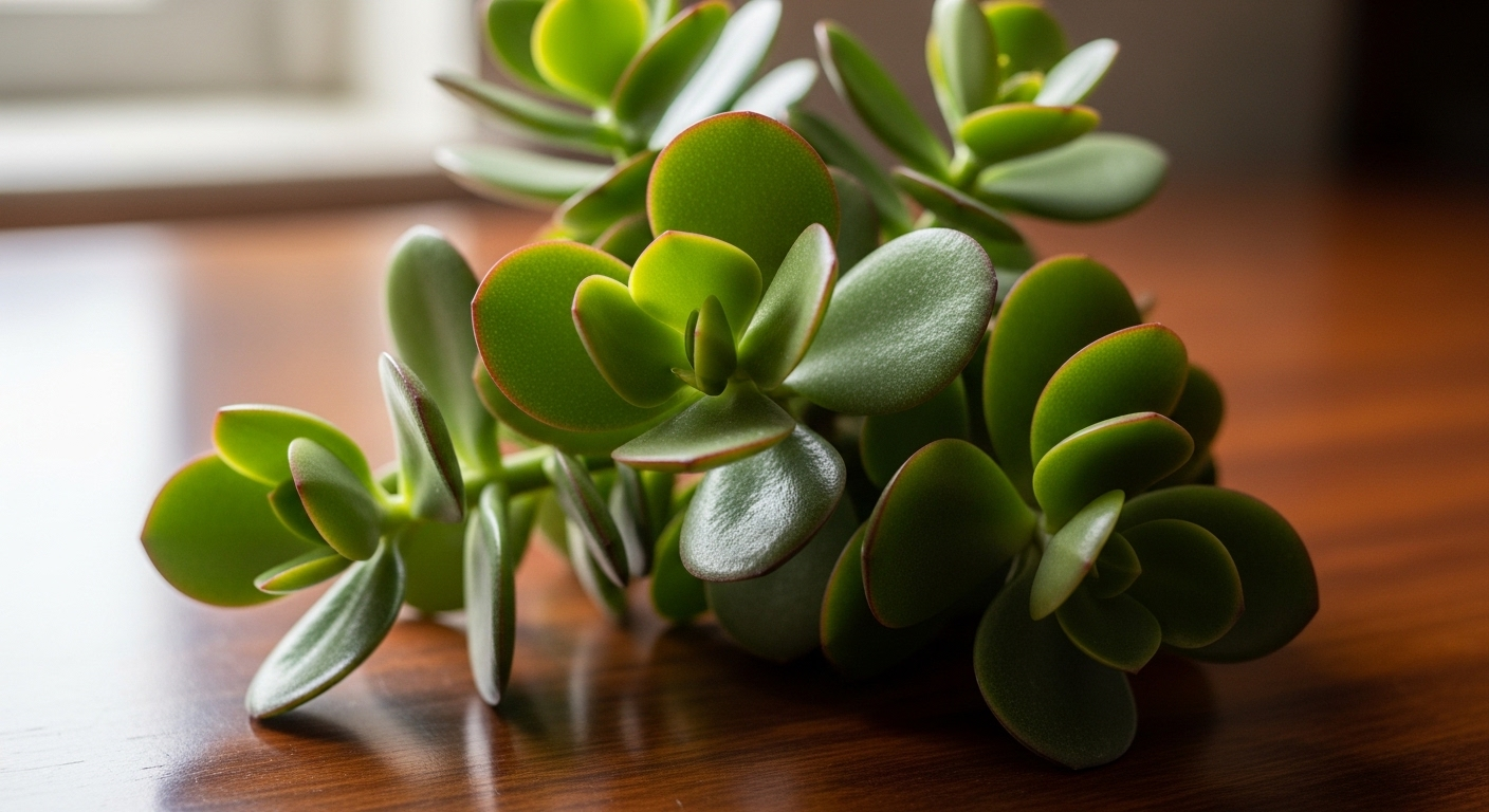 Cây ngọc bích lá xanh bóng mượt, viền đỏ, một trong những cây phong thủy mang lại vận may 2026, đặt trên bàn gỗ tối màu dưới ánh sáng tự nhiên.