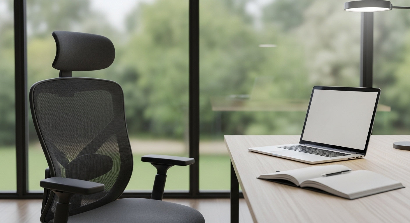 Thiết lập bàn làm việc hiện đại với ghế công thái học và hướng ngồi làm việc quay lưng ra cửa sổ lớn nhìn ra cảnh xanh, có laptop và sổ tay.