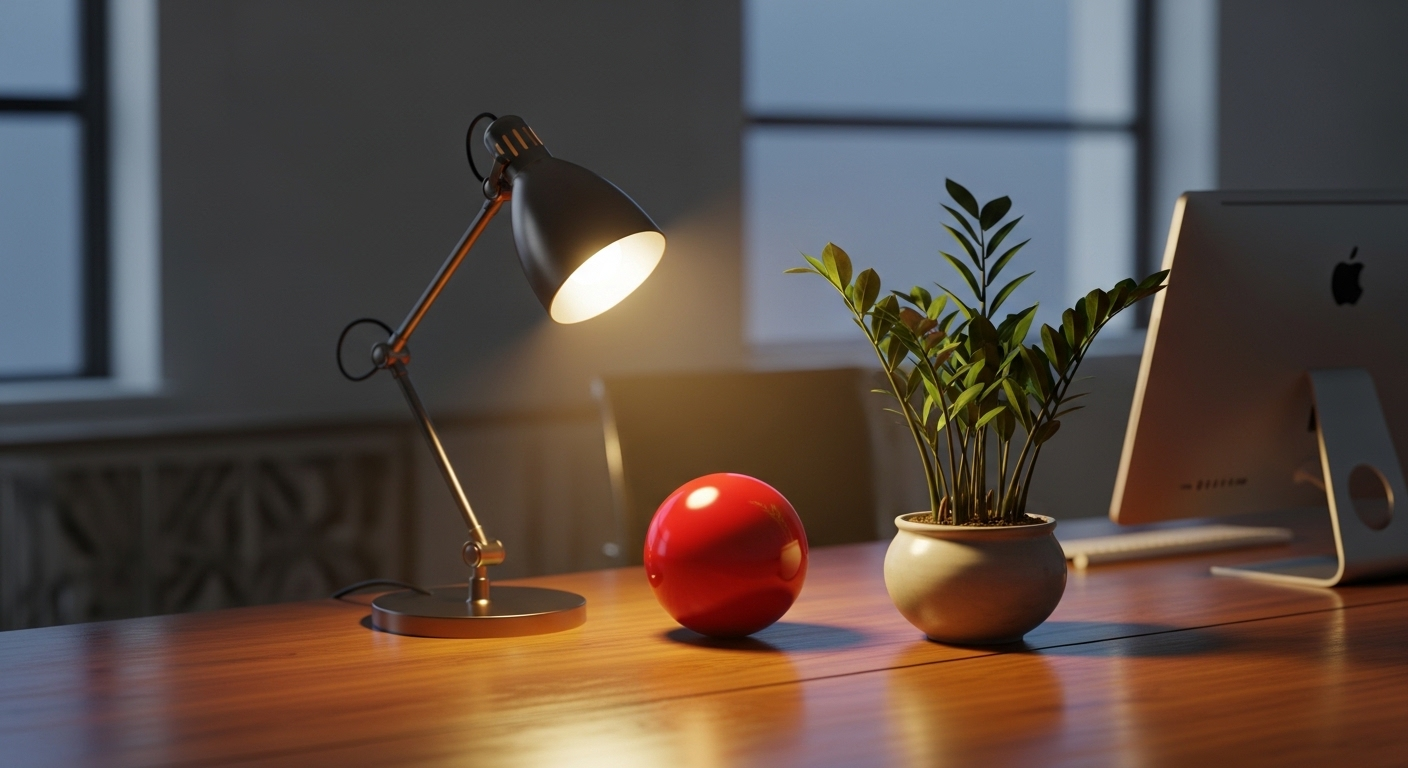 Bàn làm việc văn phòng với đèn ấm áp, cây kim tiền tươi tốt và quả cầu đỏ, tối ưu hóa phong thủy bàn làm việc văn phòng tuổi Ất Hợi.