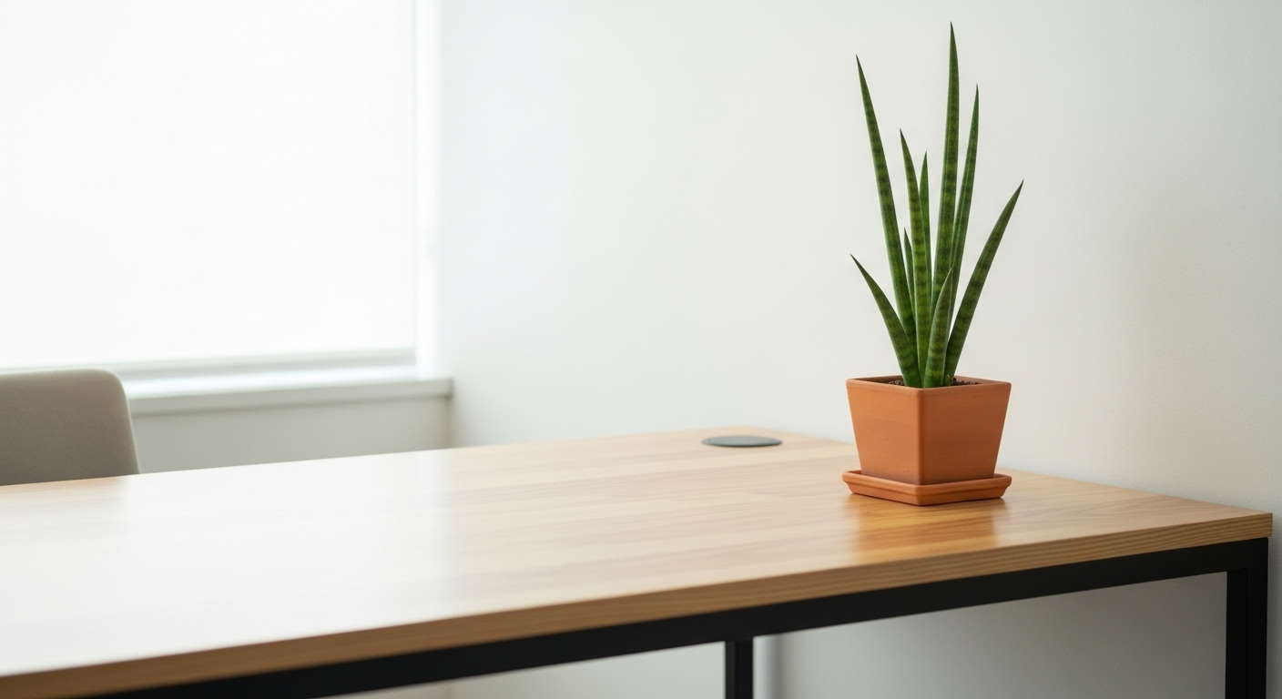 Bàn làm việc gỗ sáng tối giản với cây lưỡi hổ xanh tươi, thiết kế lý tưởng cho phong thủy bàn làm việc.