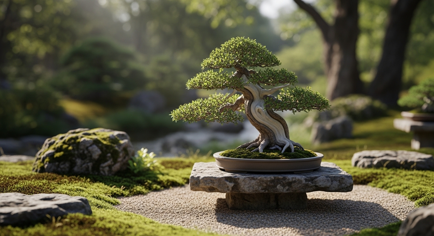 Cây bonsai nghệ thuật với thân xù xì, tán lá dày, đặt trong vườn yên tĩnh dưới nắng dịu. Loại cây cảnh này phù hợp trồng ngoài trời, khác với những cây không nên trồng trong nhà.