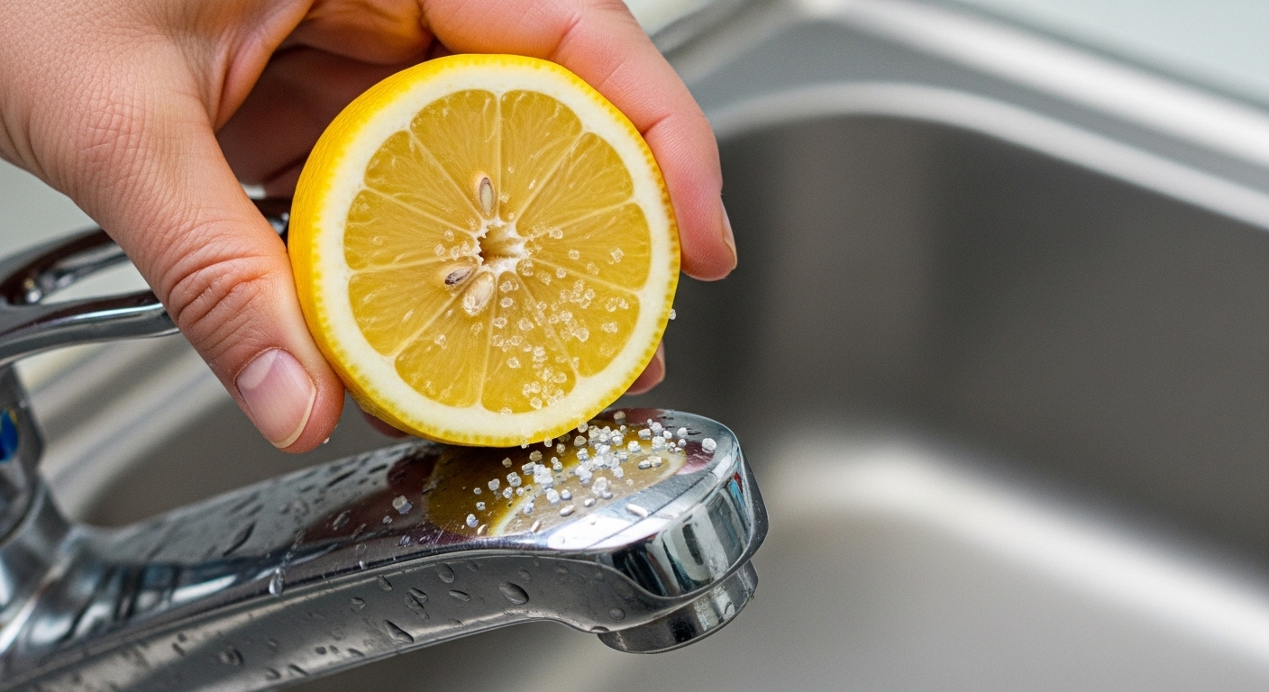 Tay đang dùng chanh và muối chà lên vòi nước inox để tẩy cặn canxi trên vòi nước và các vết bẩn khoáng khác. Tay đang dùng chanh và muối chà lên vòi nước inox để tẩy cặn canxi trên vòi nước và các vết bẩn khoáng khác.
