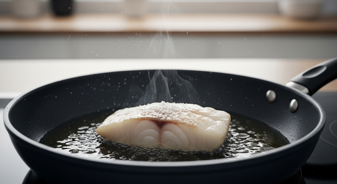 Cá phi lê trắng đang chiên trong chảo chống dính, không bắn dầu và hơi bốc nhẹ. Một mẹo vặt nhà bếp hữu ích cho món cá chiên hoàn hảo.