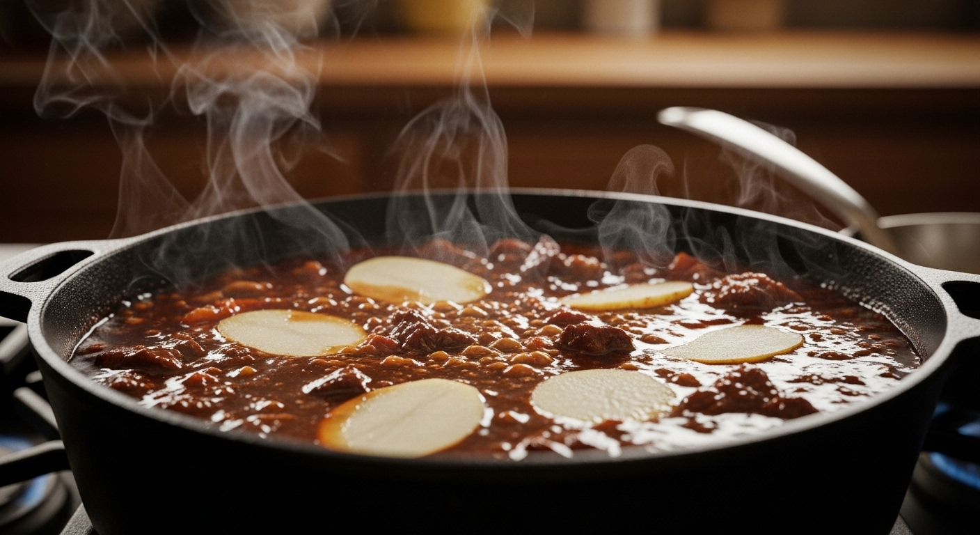 Món hầm khoai tây sẫm màu đang sôi nhẹ, bốc hơi nghi ngút trong nồi gang mộc mạc trên bếp. Gợi ý mẹo vặt cho người nội trợ về bữa ăn ấm cúng, bổ dưỡng.