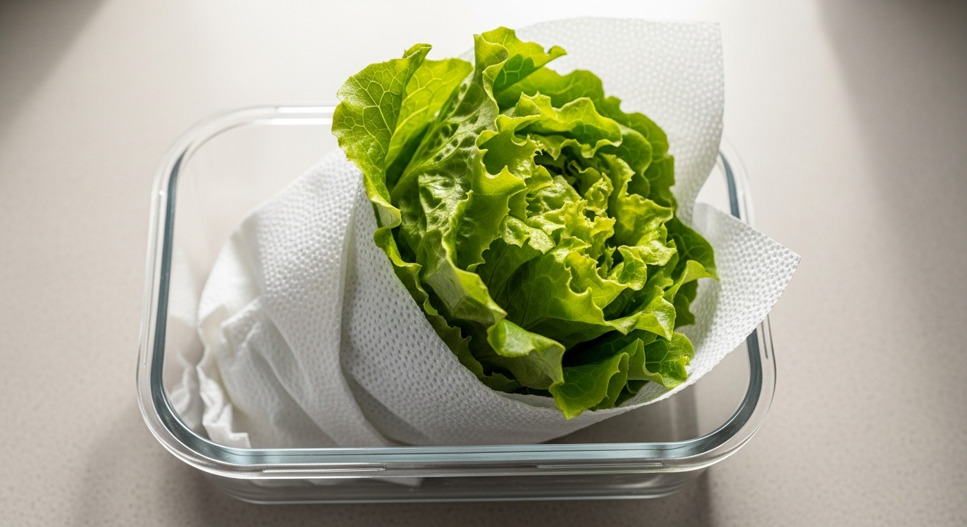 Cách bảo quản rau xà lách tươi bằng khăn giấy trong hộp kín.