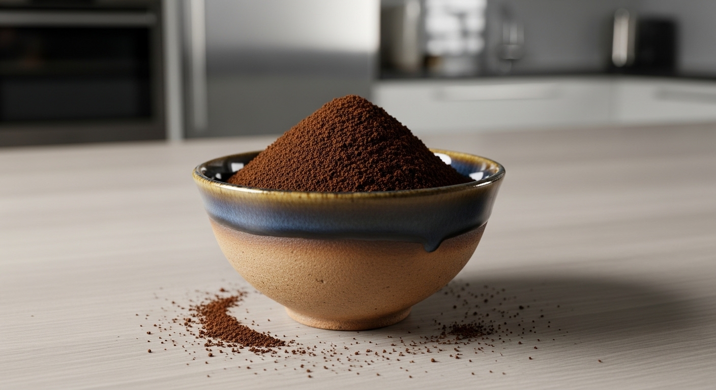 Bát gốm mộc mạc đựng cà phê xay mịn trên bàn bếp gỗ sáng màu, gợi mở nhiều mẹo vặt nhà bếp hữu ích trong không gian hiện đại.