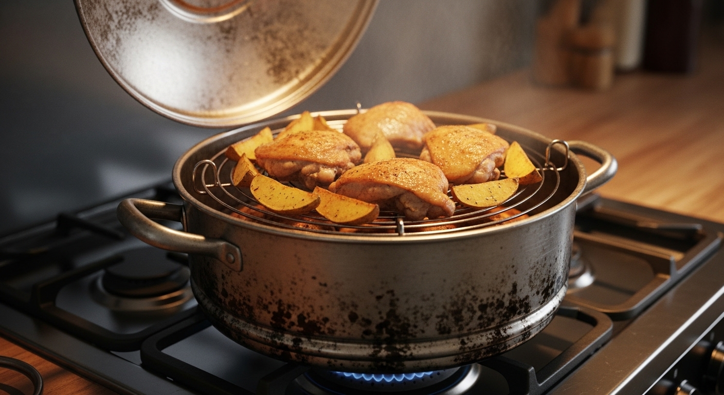 Gà và khoai tây đang hấp chín tới trong nồi kim loại cổ điển trên bếp, hơi nóng bốc lên trong ánh sáng bếp ấm cúng.