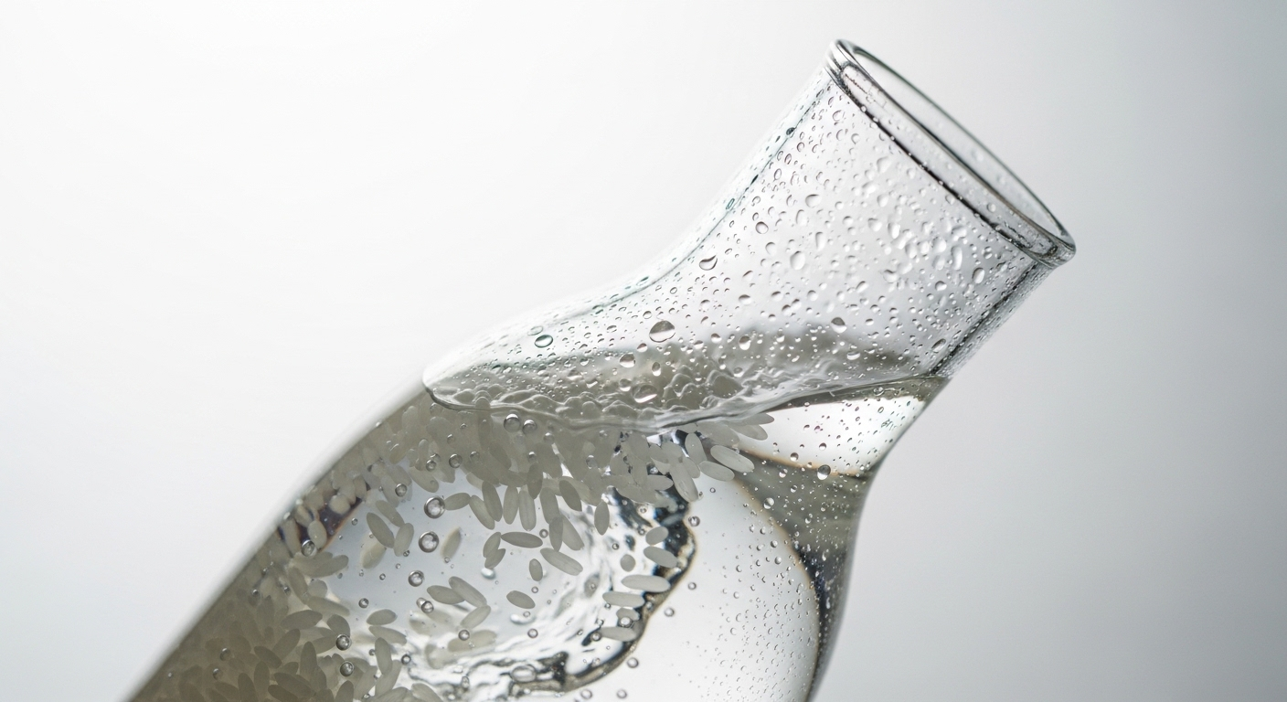 Chai thủy tinh trong suốt chứa gạo và nước đang được xoay nhẹ, một mẹo vặt nhà bếp hiệu quả để rửa gạo nhanh và sạch.