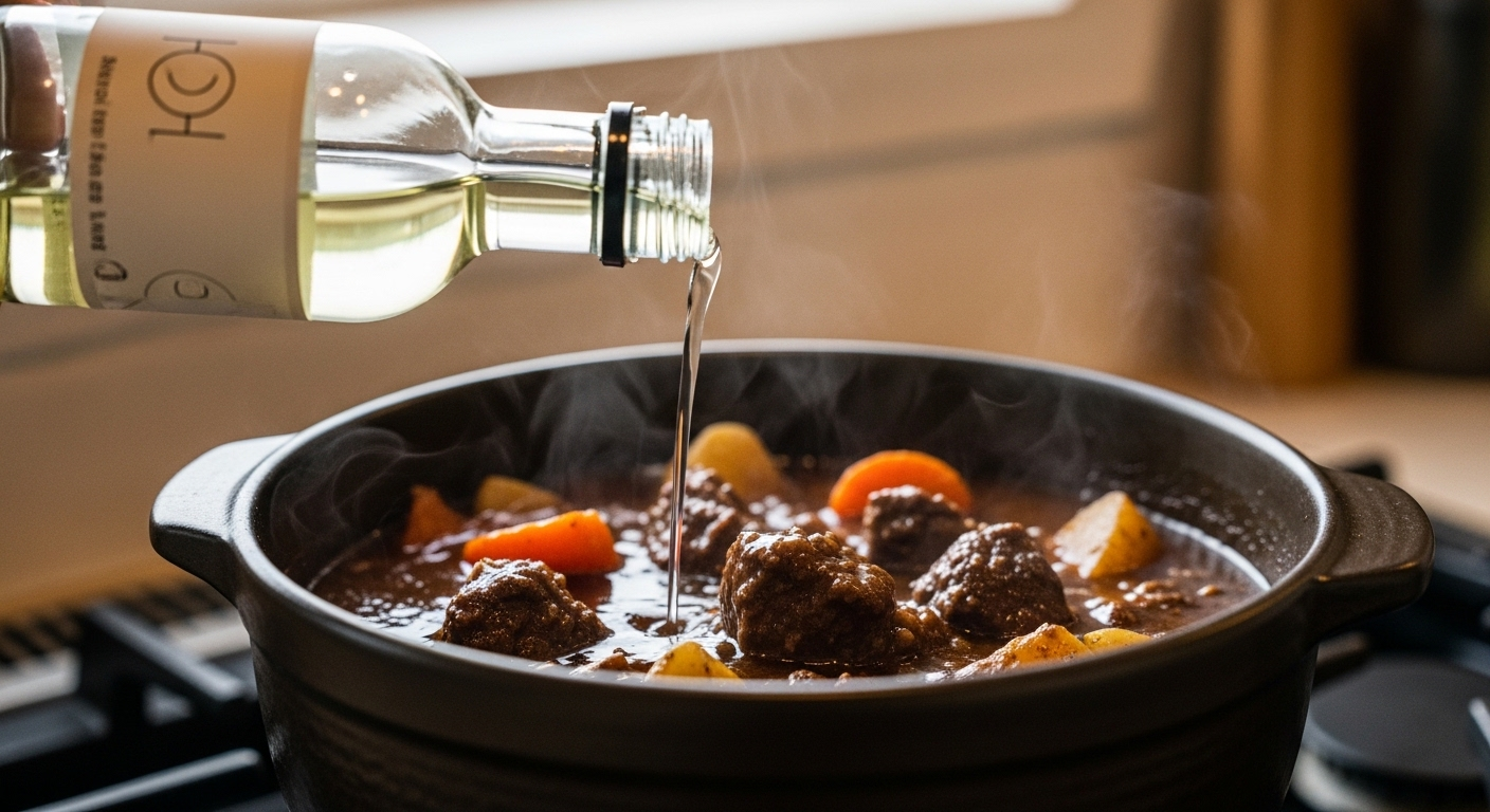 Đổ giấm nhẹ nhàng từ chai vào nồi thịt hầm đậm đà, đang sôi liu riu trong bếp ấm.