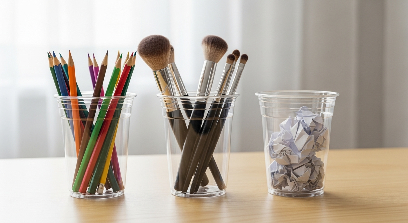 Tái sử dụng cốc nhựa trong suốt đựng bút chì màu, cọ trang điểm và làm thùng rác nhỏ, sắp xếp gọn gàng trên bàn gỗ sáng.