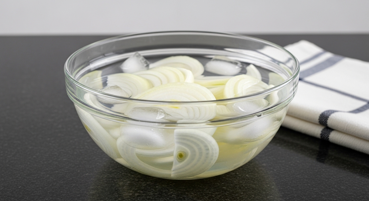Bát thủy tinh lớn đựng hành tây thái lát trắng trong ngâm nước đá lạnh trên bàn bếp tối bóng. Đây là một mẹo vặt nhà bếp hữu ích giúp hành tây giữ độ giòn và giảm mùi hăng.