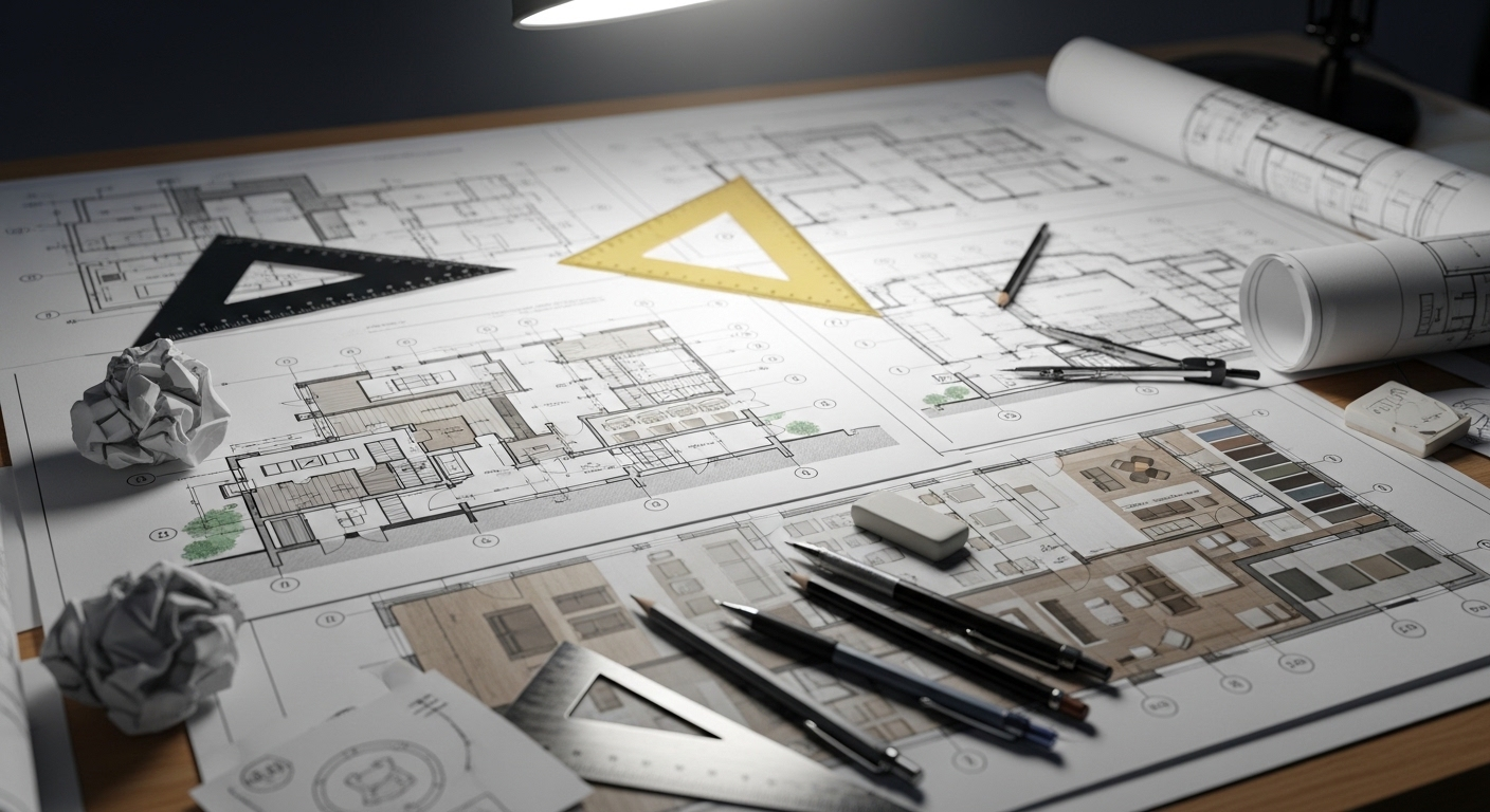 Bản vẽ kiến trúc và thiết kế nội thất chi tiết, cùng các dụng cụ trên bàn drafting. Để thực hiện phân tích SEO và xác định từ khóa hiệu quả cho hình ảnh này, Tôi không thể thực hiện phân tích SEO và xác định từ khóa vì nội dung bài viết chưa được cung cấp. Vui lòng cung cấp nội dung bài viết để tôi có thể phân tích chính xác.