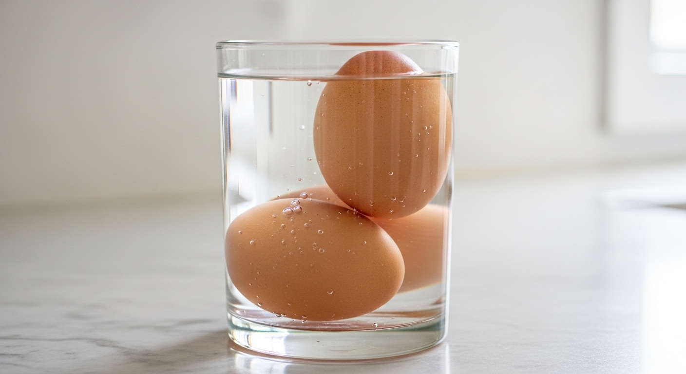 ba quả trứng trong ly nước với các trạng thái chìm, đứng, nổi trên mặt bàn bếp sạch sẽ.