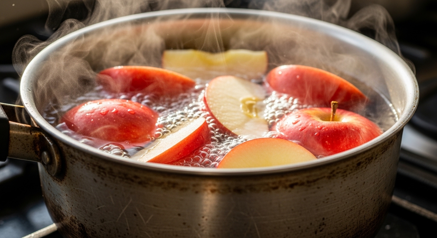 Cận cảnh lát táo đỏ tươi đang đun nhẹ trong nồi nhôm xỉn trên bếp, một mẹo vặt nhà bếp hữu ích cho việc chế biến trái cây.