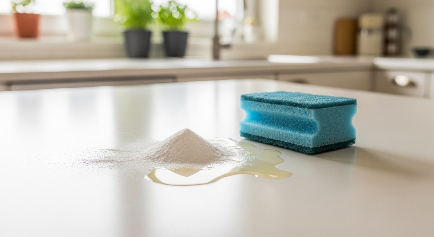 Baking soda rắc trên vết dầu mỡ bám trên mặt bàn bếp trắng tinh, bên cạnh là miếng bọt biển ẩm sẵn sàng làm sạch.