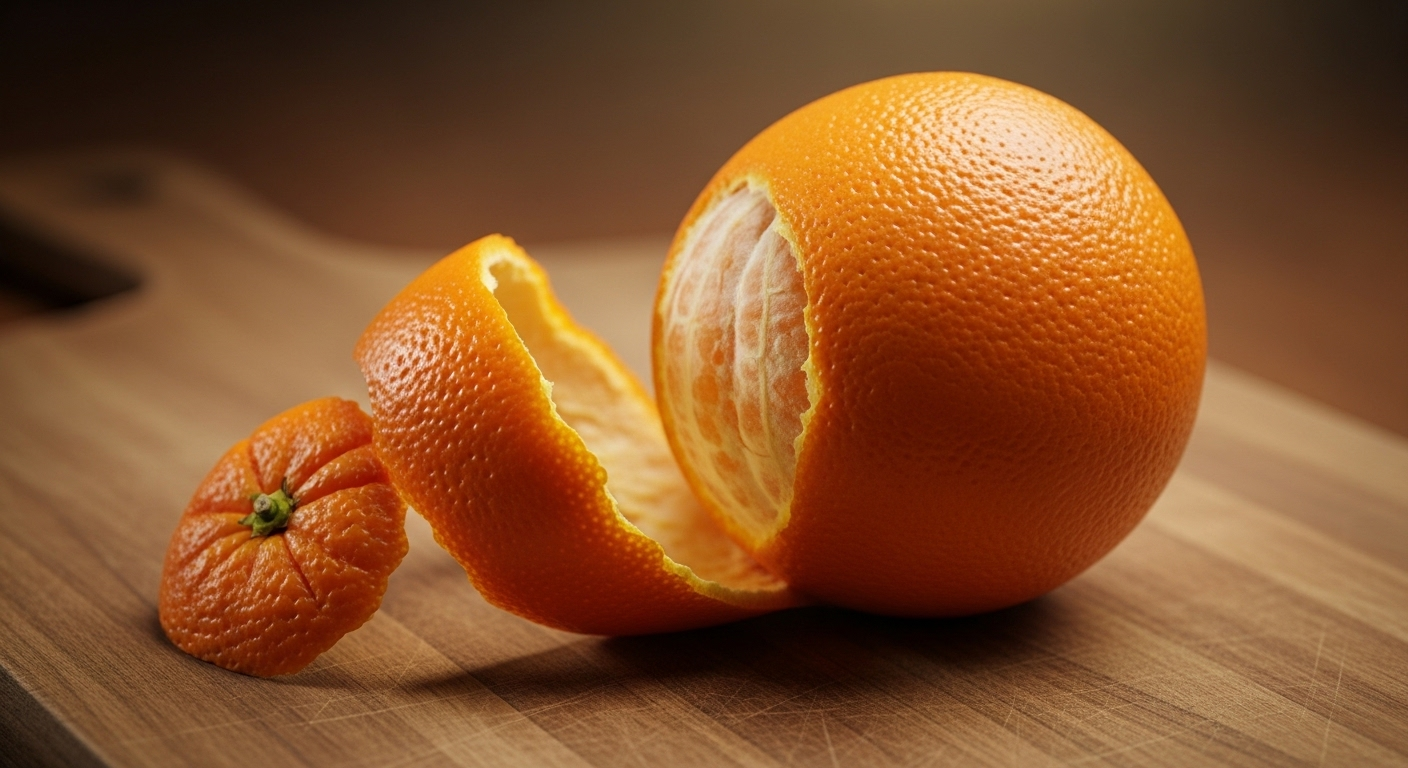 Quả cam tươi rực rỡ với phần vỏ được gọt mịn màng trên thớt gỗ, gợi ý mẹo vặt nhà bếp hiệu quả.