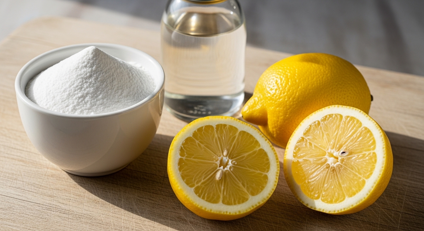 Bột baking soda, giấm trắng và chanh tươi cắt lát trên thớt gỗ, minh họa cách làm sạch dầu mỡ hiệu quả và tự nhiên trong nhà bếp.