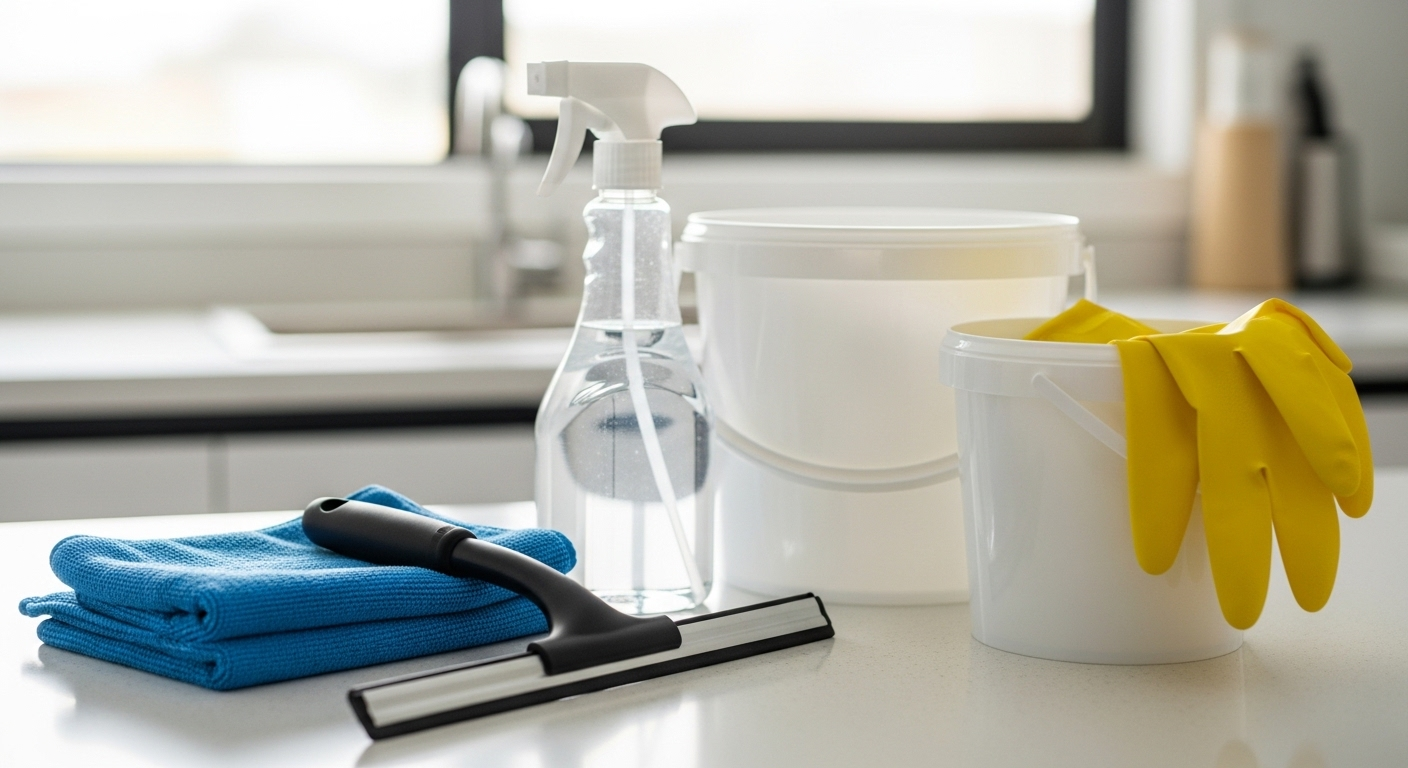 Bộ dụng cụ làm sạch cửa sổ sắp xếp gọn gàng trên mặt bàn sáng màu, gồm khăn microfiber xanh, cây gạt kính, bình xịt, hai xô và găng tay bảo hộ vàng.