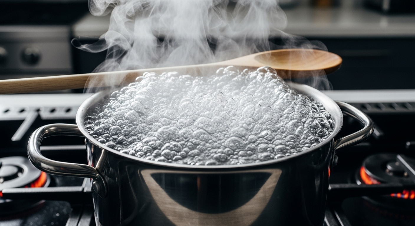 Thìa gỗ đặt ngang nồi nước đang sôi trên bếp giúp ngăn nước trào.