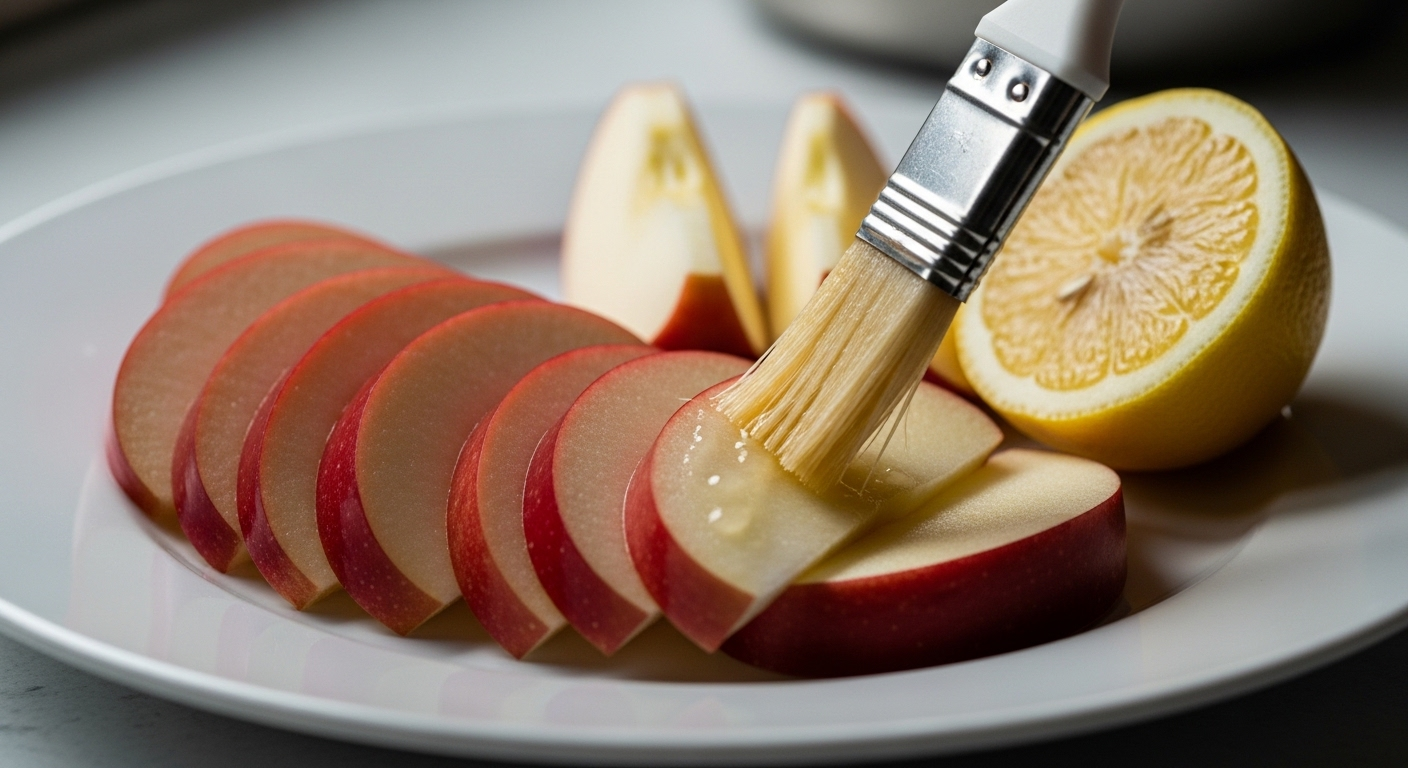 Táo đỏ thái lát được xếp gọn gàng trên đĩa trắng, bên cạnh là nửa quả chanh vàng. Dùng cọ phết nhẹ nước cốt chanh lên mặt táo.