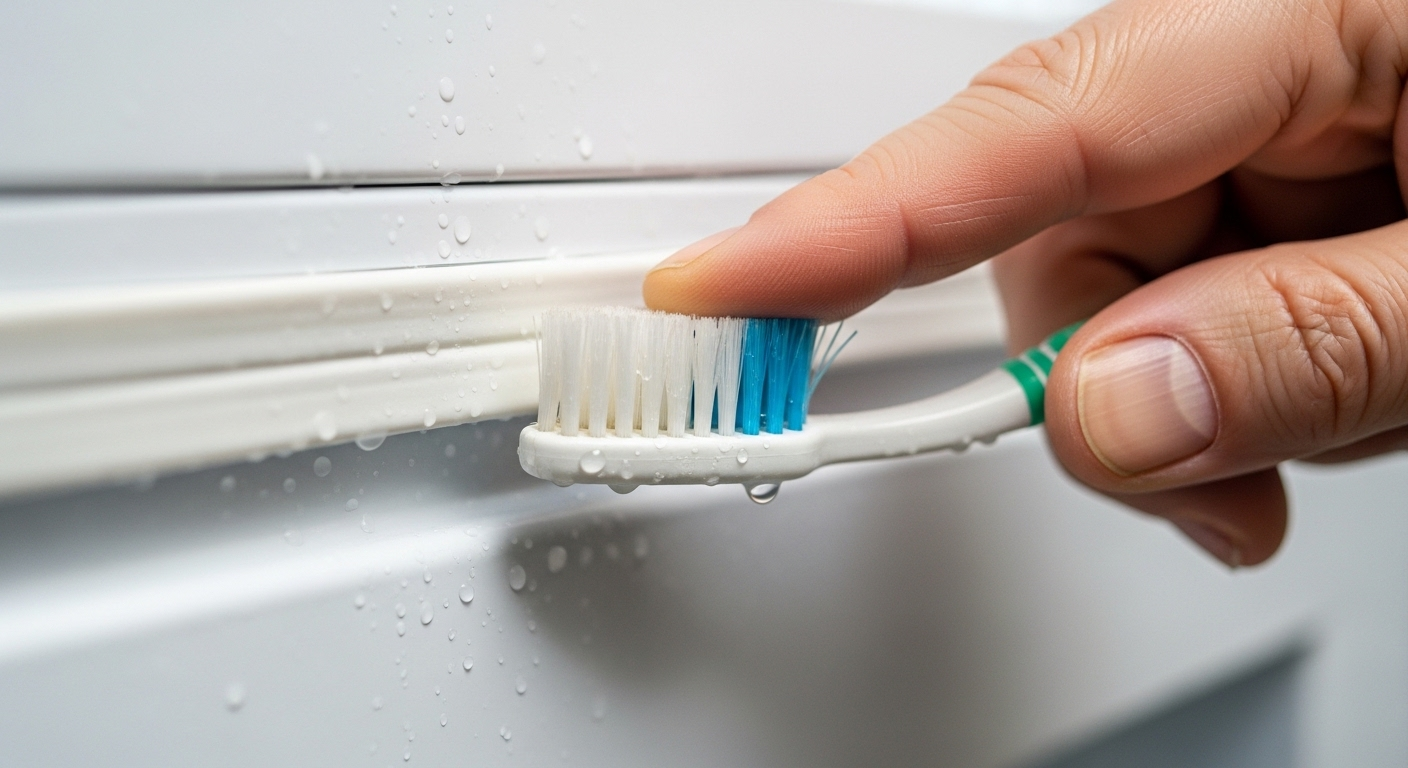 Tay tỉ mỉ dùng bàn chải vệ sinh gioăng tủ lạnh, bước quan trọng trong cách sắp xếp tủ lạnh sạch sẽ và khoa học.