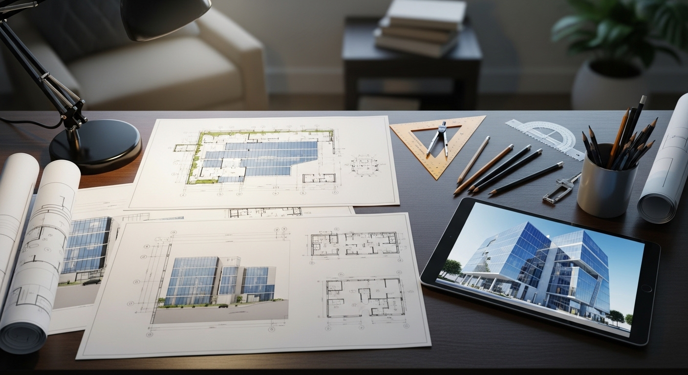 Bàn thiết kế kiến trúc hiện đại với bản vẽ chi tiết, mô hình 3D công trình và công cụ kỹ thuật. Đây là minh họa trực quan khi không có nội dung bài viết để phân tích, thể hiện sự tỉ mỉ trong quy hoạch dự án. Bàn thiết kế kiến trúc hiện đại với bản vẽ chi tiết, mô hình 3D công trình và công cụ kỹ thuật. Đây là minh họa trực quan khi không có nội dung bài viết để phân tích, thể hiện sự tỉ mỉ trong quy hoạch dự án.