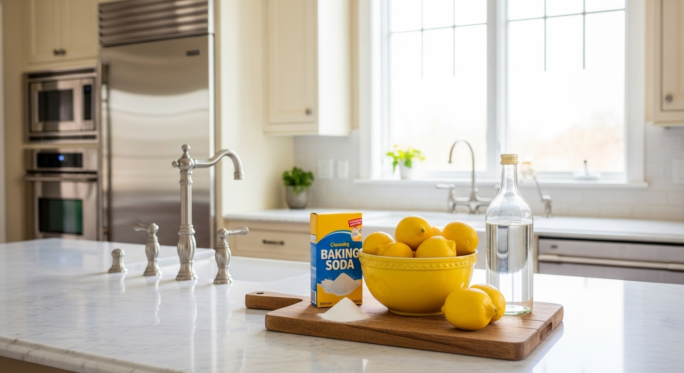 Bếp sạch sáng với chanh, baking soda, giấm trên thớt gỗ, minh họa các mẹo vặt lau dọn nhà cửa bằng nguyên liệu tự nhiên.