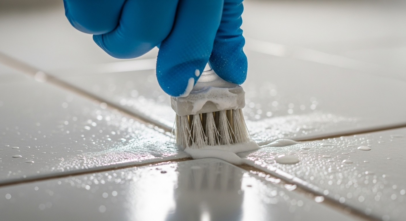 Tay đeo găng xanh dùng bàn chải chuyên dụng bôi hỗn hợp trắng lên ron gạch ố vàng.