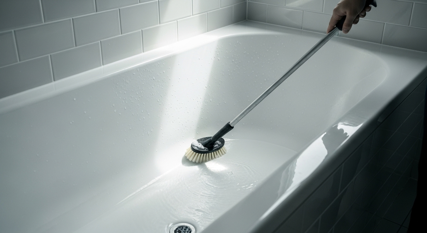 Cọ rửa bồn tắm trắng tinh bằng bàn chải cán dài, minh họa hiệu quả cách dọn dẹp nhà cửa để giữ phòng tắm luôn sáng bóng và sạch sẽ.
