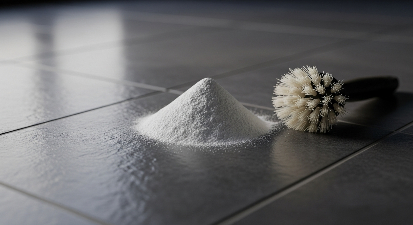 Bột baking soda trắng và bàn chải lông mềm trên sàn gạch xám ẩm, gợi ý cách lau nhà nhanh và sạch vết bẩn hiệu quả.