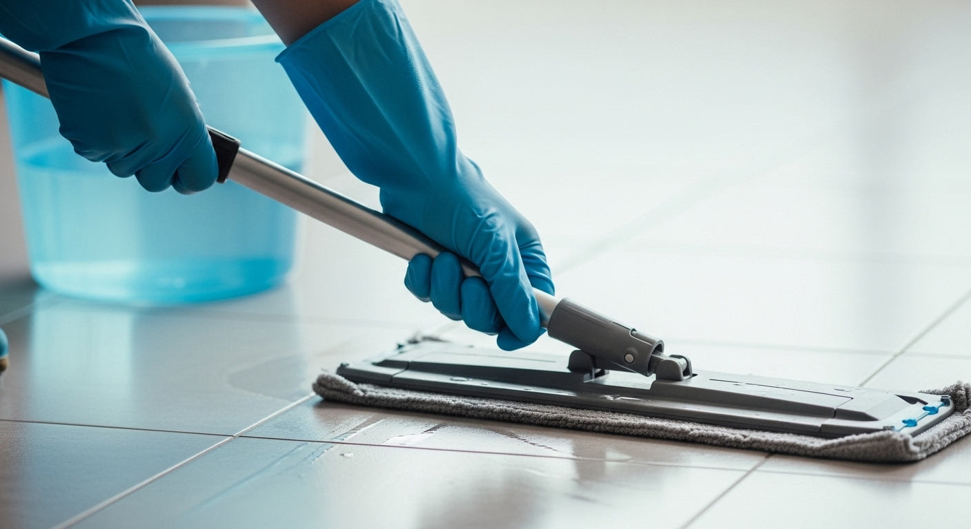 Đôi tay đeo găng dùng cây lau nhà phẳng hiện đại đang làm sạch sàn gạch màu sáng, minh họa mẹo lau nhà sạch hiệu quả để sàn luôn sáng bóng.