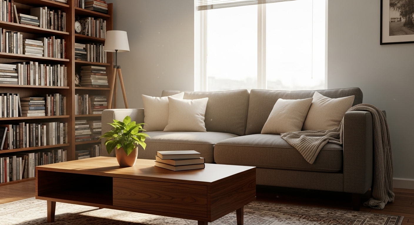 Phòng khách gọn gàng, ngăn nắp với sofa xám, bàn gỗ, sách xếp đẹp mắt và cây xanh. Ánh sáng tự nhiên ấm cúng, một không gian lý tưởng minh họa cho các mẹo dọn dẹp nhà cửa hiệu quả.