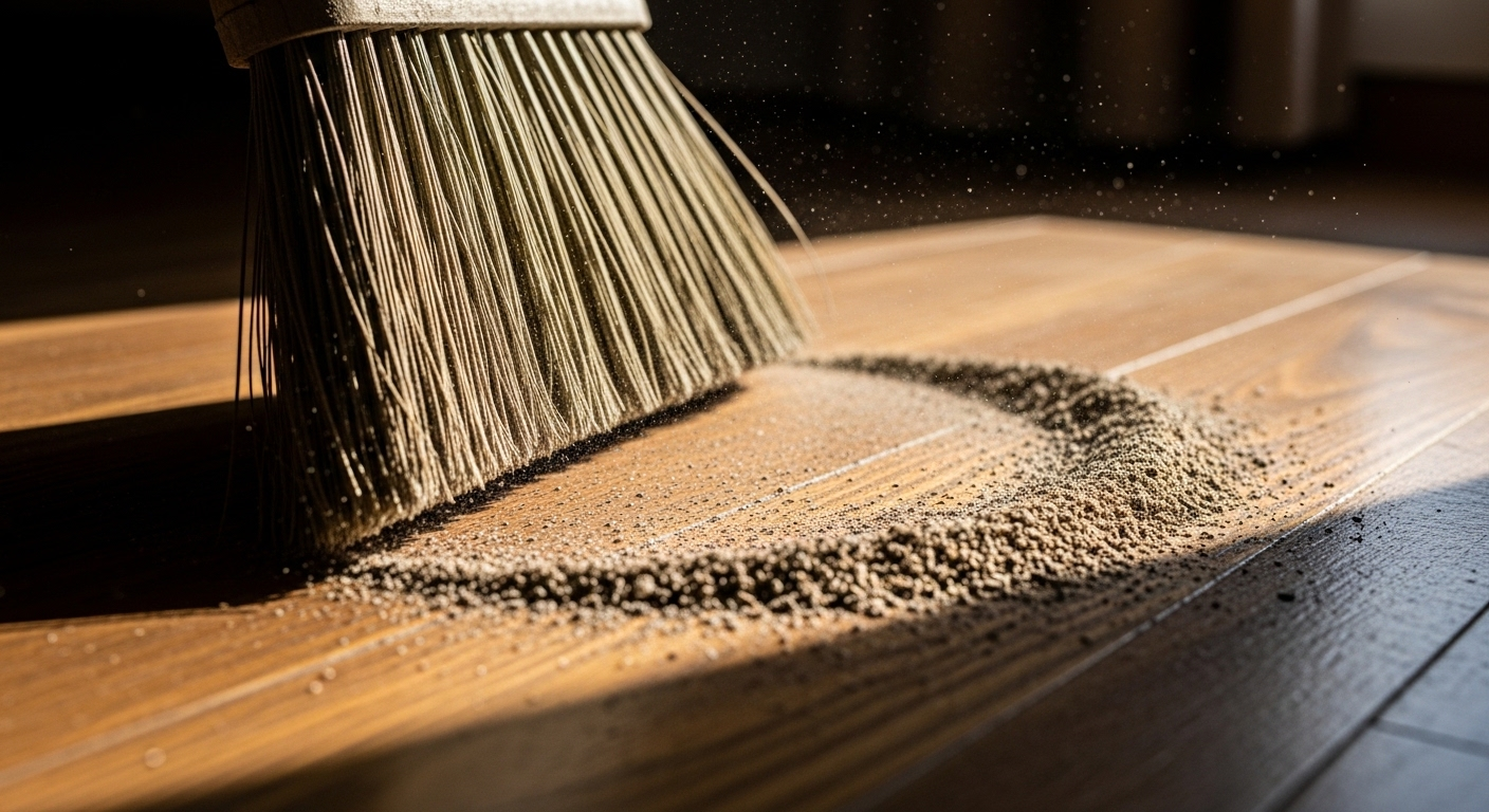 Cận cảnh chổi quét bụi mịn trên sàn gỗ ấm dưới nắng, một bước thiết yếu trong cách lau nhà sạch bóng hiệu quả.