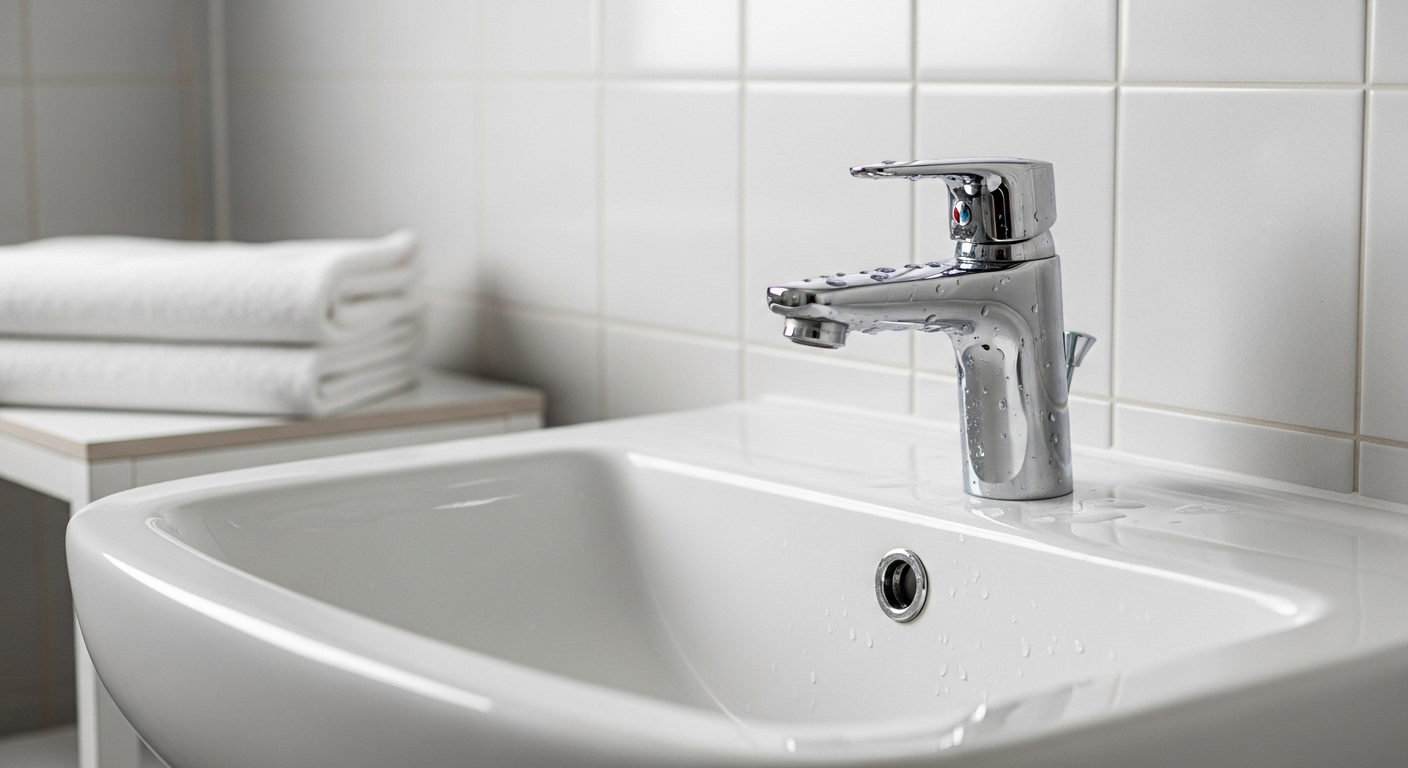 Bồn rửa mặt sứ trắng tinh, vòi chrome bóng loáng và khăn sạch gấp gọn, thể hiện không gian vệ sinh sáng bừng. Một ví dụ hoàn hảo cho mẹo vặt lau dọn nhà cửa nhanh gọn.