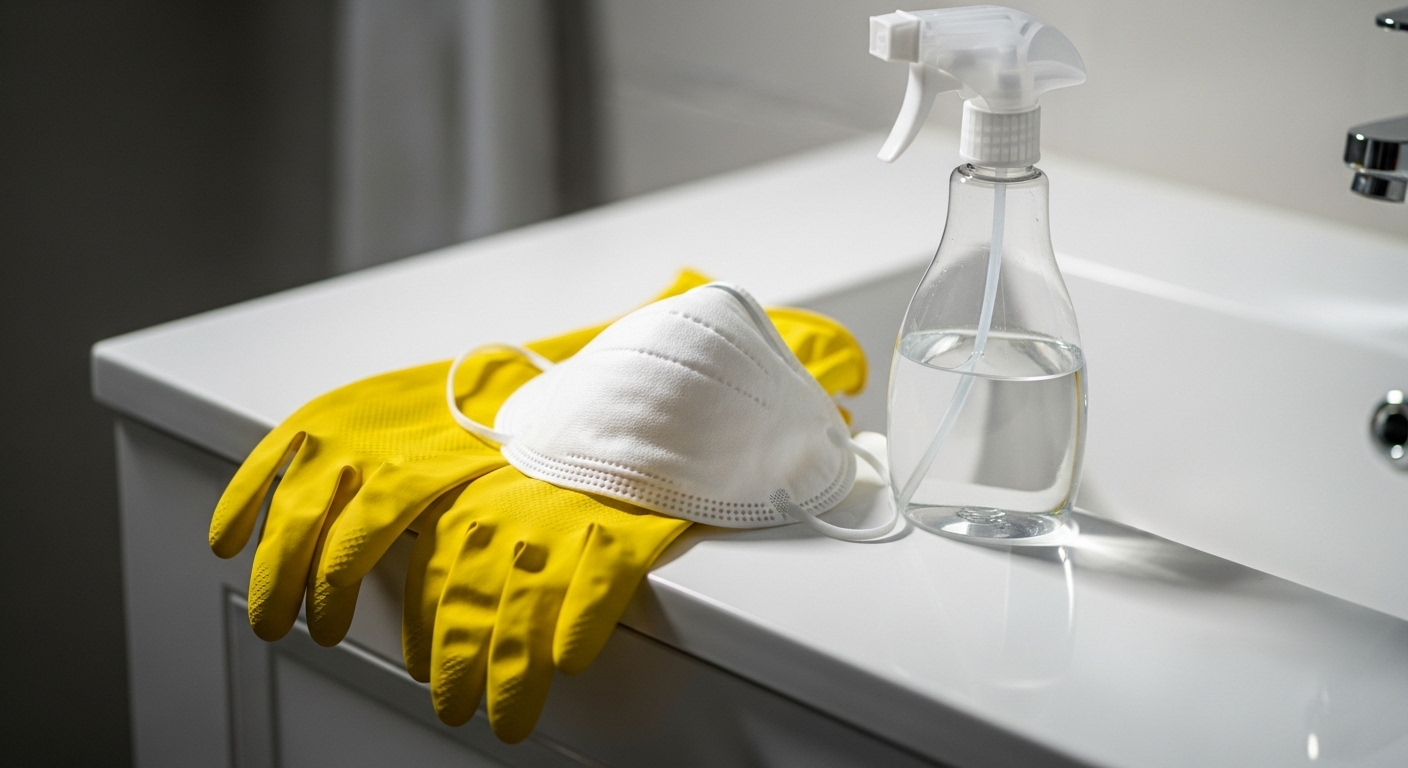 găng tay cao su vàng, khẩu trang trắng và bình xịt dung dịch tẩy rửa đặt trên bàn trang điểm phòng tắm trắng tinh. găng tay cao su vàng, khẩu trang trắng và bình xịt dung dịch tẩy rửa đặt trên bàn trang điểm phòng tắm trắng tinh.