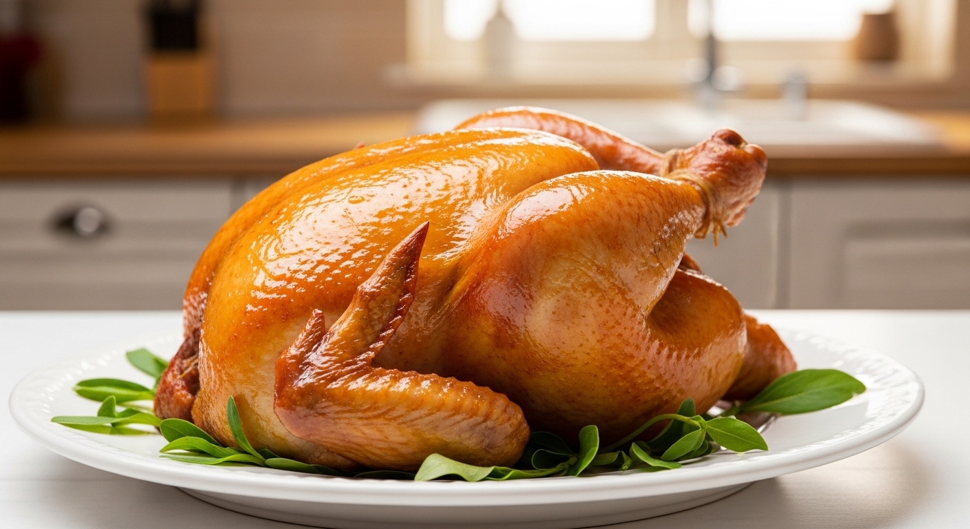 Gà nướng nguyên con vàng óng, hấp dẫn trên đĩa trắng, điểm rau thơm. Món ăn hoàn hảo từ các mẹo vặt cho bà nội trợ trong bếp ấm cúng.