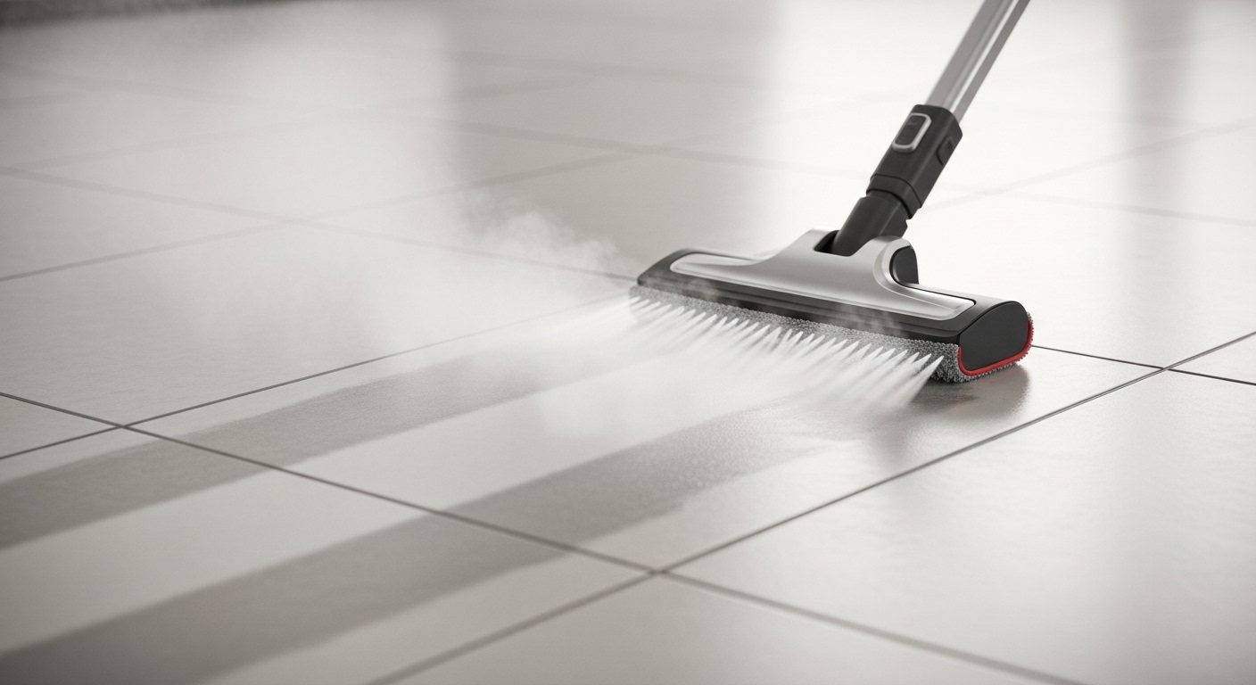 Máy lau sàn hơi nước hiện đại đang vệ sinh sàn gạch màu sáng bằng miếng microfiber. Hơi nước bốc lên làm sạch, để lại vệt gạch sạch và ẩm nhẹ phía sau.