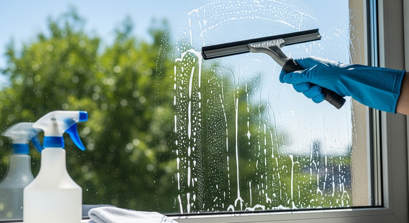 Cận cảnh tay đeo găng cao su dùng squeegee lau sạch cửa kính lớn để dọn nhà đón Tết, kính phản chiếu cây xanh và bầu trời.