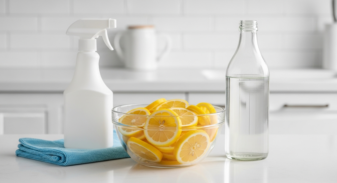 Tô chanh tươi và giấm trắng, kèm bình xịt và khăn lau microfiber, minh họa các mẹo vặt dọn nhà ngày tết hiệu quả và thân thiện môi trường trên quầy bếp sạch sẽ.