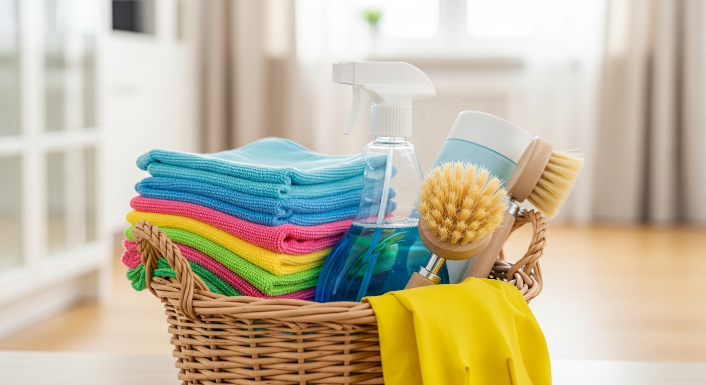 Giỏ mây gọn gàng chứa khăn microfiber nhiều màu, bình xịt, cọ và găng tay, sẵn sàng cho các mẹo dọn dẹp nhà cửa nhanh chóng.