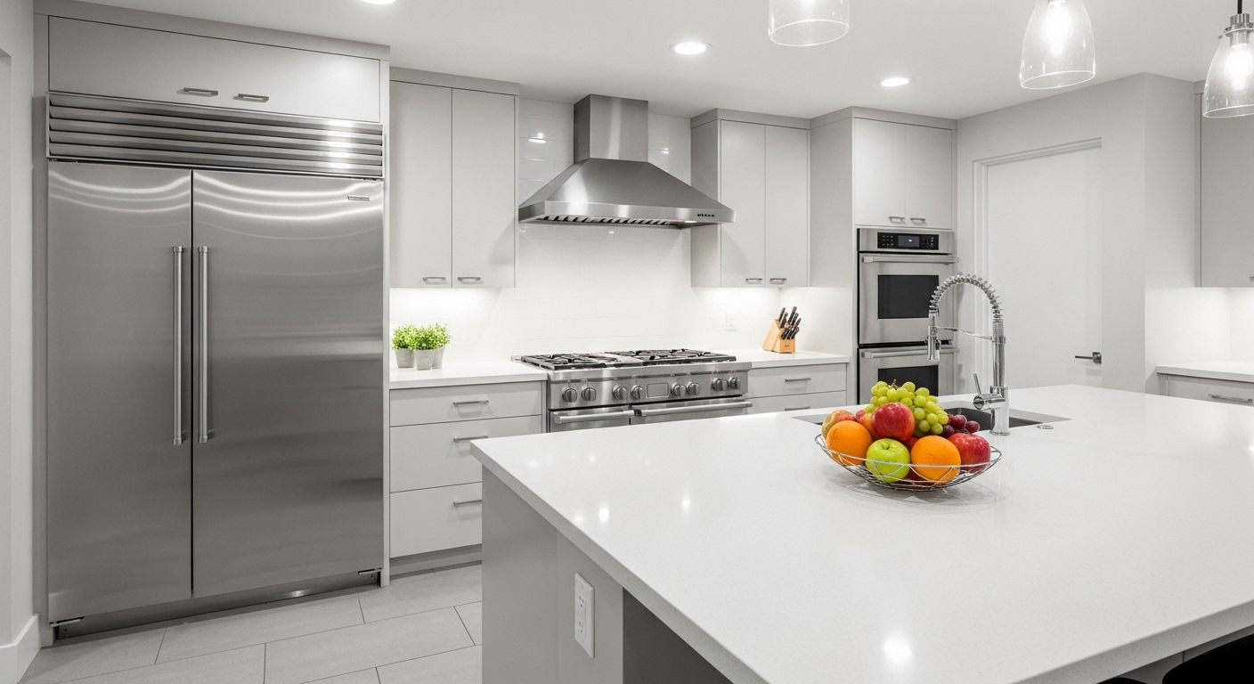 Bếp hiện đại sạch tinh tươm với thiết bị inox sáng bóng, mặt bàn trắng và trái cây tươi. Không gian lý tưởng sau khi dọn nhà đón Tết.