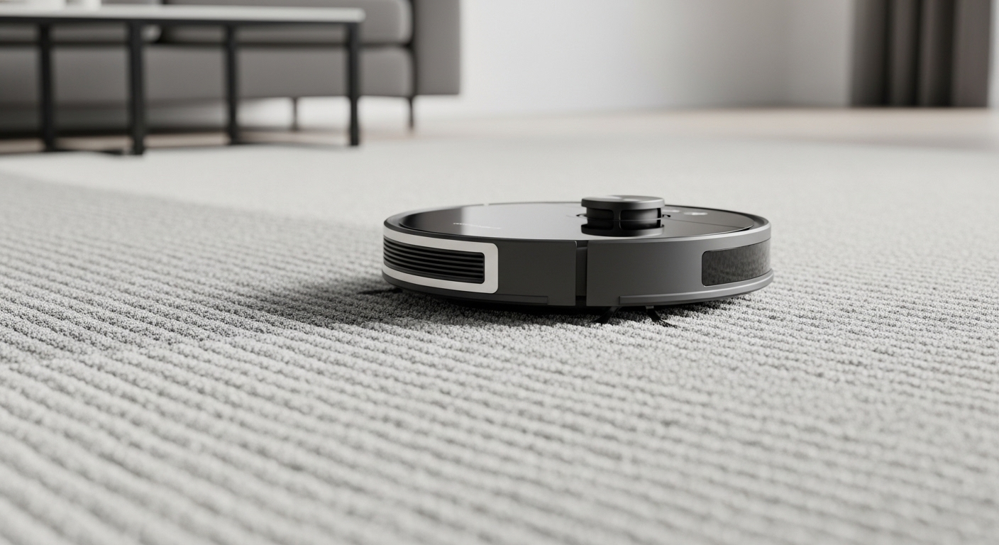 Máy hút bụi robot hiện đại làm sạch thảm phòng khách màu xám, để lại vết sạch rõ ràng, minh họa mẹo vặt dọn dẹp nhà cửa hiệu quả.